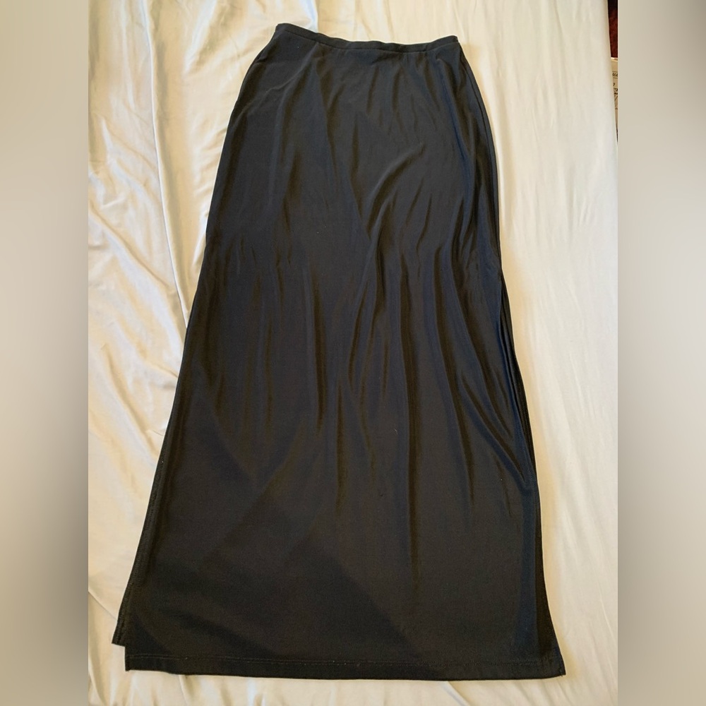 Y2K Black Maxi Skirt Size Medium Gothic Straight Side Slits Long Witchy Stretch